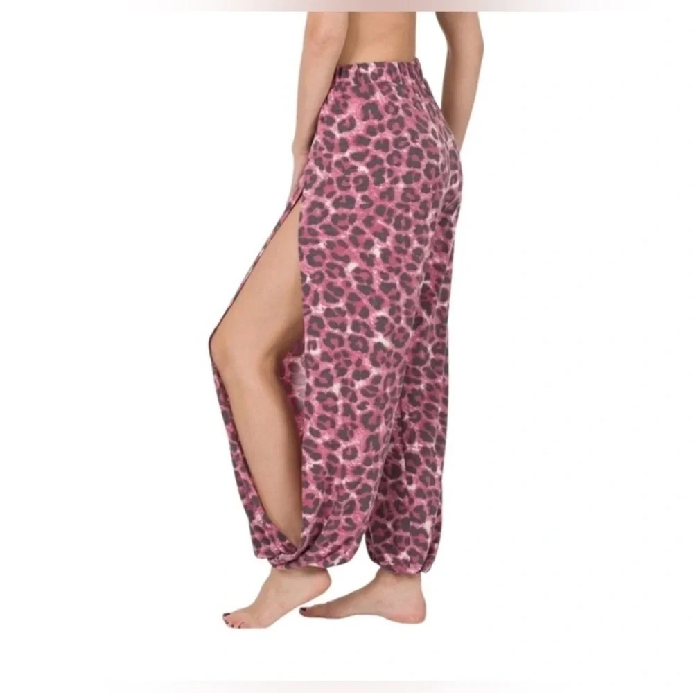 ZENANA Leopard Print Split Side Pant Joggers Elastic Waist 3X Pink Cranberry New - Picture 3 of 12
